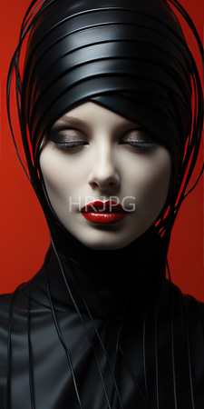 High Resolution: Androgynous model pale skin closed eyes shimmering silver eyeshadow bright red lipstick black leather-like attire layered headbands vibrant orange download. | HRJPG.com