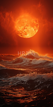 High Resolution: Intense fiery sunset turbulent ocean waves vibrant orange red hues dominate sky large sun dark clouds choppy waters download. | HRJPG.com