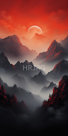 High Resolution: Ethereal mountain landscape sunset jagged peaks silhouetted vivid red-orange sky misty fog layers dark shades crescent moon hovers download. | HRJPG.com