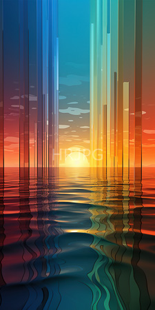 High Resolution: Abstract sunset over water vertical gradient bars vibrant colors blue to orange creating columns sun at horizon ripples reflect download. | HRJPG.com