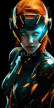 High Resolution: Attractive fair-skinned woman bright orange hair futuristic black neon-orange armor highlights her curves striking blue eyes glowing visor-like helmet download. | HRJPG.com