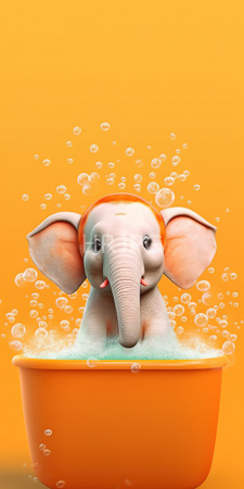 High Resolution: Adorable cartoon-style baby elephant large pink ears small tusks sitting orange bathtub filled with bubbles bright yellow background download. | HRJPG.com