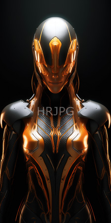 High Resolution: Armored humanoid figure sleek black orange metallic armor intricate patterns on chest plate helmet glowing golden lines dark visor faceplate download. | HRJPG.com