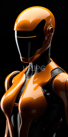 High Resolution: Orange black glossy humanoid robot smooth curves resembling female anatomy large breasts sleek helmet two horizontal yellow lines download. | HRJPG.com