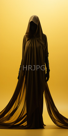 High Resolution: Anonymous figure dark flowing robes long sleeves hood covering their face golden-yellow background sheer fabric extensions cascade download. | HRJPG.com