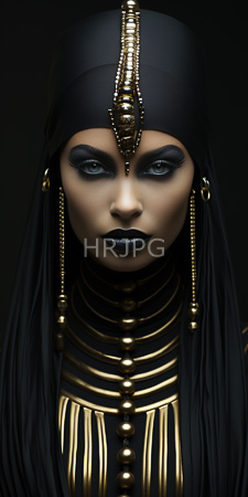 High Resolution: Androgynous individual dark skin striking black makeup around eyes gold ornate headgear adorned by intricate jewelry piece download. | HRJPG.com