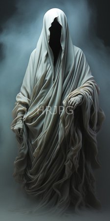 High Resolution: Ominous hooded figure flowing white robes intricate folds shadows face obscured darkness black void-like opening ethereal blue-gray mist download. | HRJPG.com