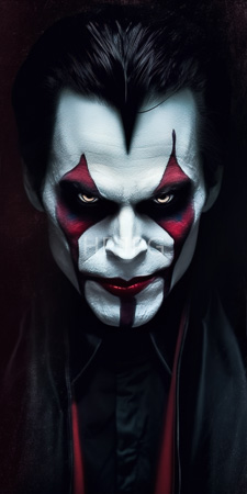 High Resolution: Heath Ledger The Joker pale white face paint black red makeup jagged lines intense yellow-orange gaze staring download. | HRJPG.com