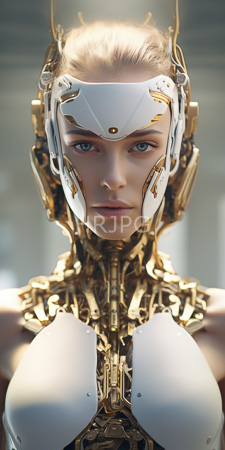 High Resolution: Attractive blonde woman blue eyes futuristic white gold cybernetic armor head visible cleavage from large breasts mechanical components download. | HRJPG.com