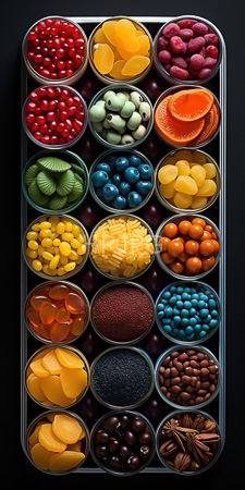 High Resolution: Overhead view twenty small round bowls colorful fruits nuts arranged vertical columns black background red cherries yellow mango download. | HRJPG.com