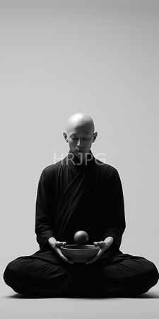 High Resolution: Black-and-white Asian bald monk light skin sitting cross-legged meditation pose holding bowl dark robe draped over shoulders download. | HRJPG.com