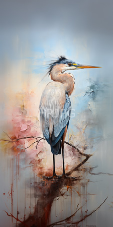 High Resolution: Elegant heron gray white feathers black legs yellow beak standing shallow water thin branches abstract pastel background brushstrokes download. | HRJPG.com