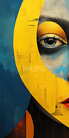 High Resolution: Abstract colorful painting half-a-face striking blue yellow hues large eye dominates center-right vivid detail textured background sky-blue clouds download. | HRJPG.com