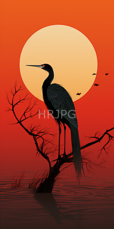 High Resolution: Elegant black heron red eyes standing on leafless tree branch shallow water at sunset large orange sun behind silhouette effect download. | HRJPG.com