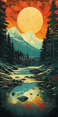 High Resolution: Enchanting forest landscape sunset towering pine trees reflecting serene river large yellow-orange full moon dominates sky snow-capped mountains download. | HRJPG.com