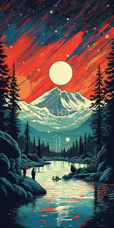High Resolution: Ethereal night scene snow-capped mountains vibrant red blue sky streaks star trails sun-like orbs two large circles silhouetted pine trees download. | HRJPG.com