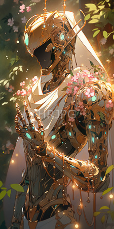 High Resolution: Armored humanoid robot glowing turquoise accents black visor face standing sunlight-dappled forest white cloth draped pink flowers golden chains download. | HRJPG.com