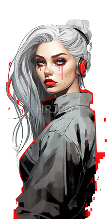 High Resolution: Attractive pale-skinned woman long white hair half-up style red headphones gray shirt blood drips from her eyes download. | HRJPG.com