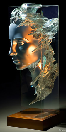 High Resolution: Art sculpture metallic gold-toned human head flowing glass-like hair encased in clear acrylic vertical horizontal frames wooden base download. | HRJPG.com