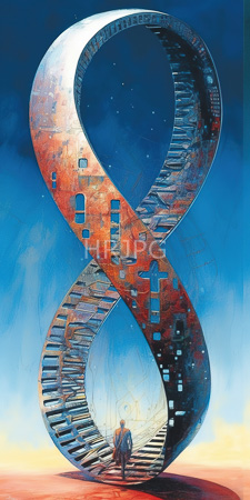 High Resolution: Enormous metallic infinity symbol intricate stair-like patterns window cutouts reds blues blacks gradient blue-to-yellow sky small figure download. | HRJPG.com