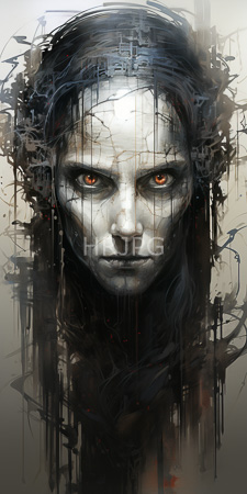 High Resolution: Intense pale-skinned woman striking orange eyes dark hair blending into abstract black-and-gray patterns around her head cracked lines download. | HRJPG.com
