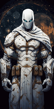 High Resolution: Imposing muscular male figure white gold armored suit bloodstains glowing blue eyes behind mask-like face cover draped cloak download. | HRJPG.com