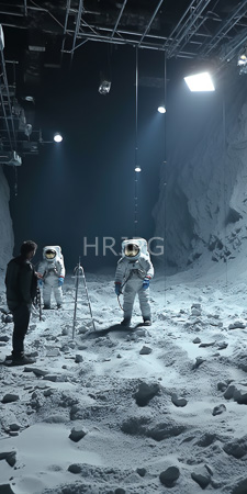 High Resolution: Indoor lunar simulation set two astronauts white space suits rocky terrain overhead lights large rock formations tripod-mounted camera download. | HRJPG.com