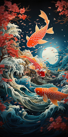 High Resolution: Three vibrant orange koi fish white scales swimming through turbulent swirling ocean waves illuminated full moon dark blue night sky download. | HRJPG.com