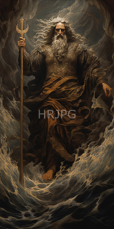 High Resolution: Ancient bearded god long white hair flowing beard holding a trident ornate golden armor brown robes swirling dark clouds stormy sea download. | HRJPG.com