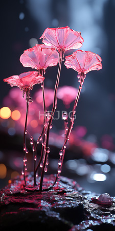 High Resolution: Delicate translucent pink mushrooms umbrella-like caps slender stems glistening water droplets ethereal blue-black background blurred bokeh lights download. | HRJPG.com