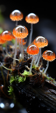 High Resolution: Small translucent orange mushrooms dome-shaped caps white gills slender stems growing from dark moss-covered wood forest setting download. | HRJPG.com