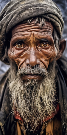 High Resolution: Elderly Indian man deeply wrinkled dark brown skin intense amber eyes long white beard mustache worn gray turban download. | HRJPG.com