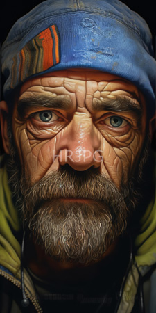 High Resolution: Elderly man deeply wrinkled skin blue eyes gray beard worn-out blue cap orange stripes green hoodie dark background download. | HRJPG.com
