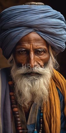 High Resolution: Elderly Indian man dark brown skin white beard mustache multiple colorful turbans yellow scarf deep-set eyes looking intently download. | HRJPG.com