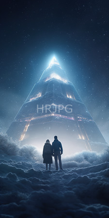High Resolution: Two silhouetted figures shorter hooded cloak standing beside winter clothing upturned hat futuristic pyramid structure snowy landscape download. | HRJPG.com