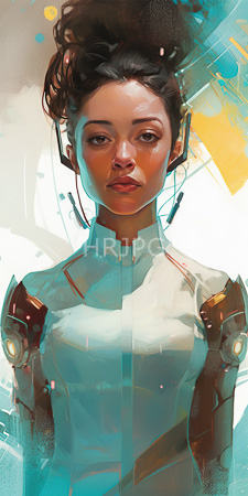 High Resolution: Attractive young Asian woman light brown skin dark hair high bun futuristic armor blends organic textures metallic elements soft features download. | HRJPG.com