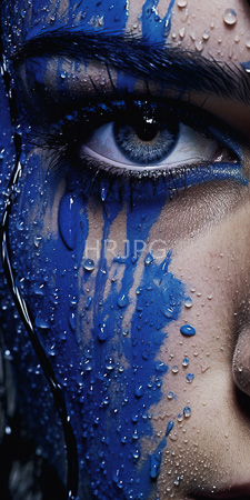 High Resolution: Close-up intense blue-painted face water droplets striking gray-blue eye dark eyelashes thick black eyebrows vibrant cobalt paint streaks download. | HRJPG.com