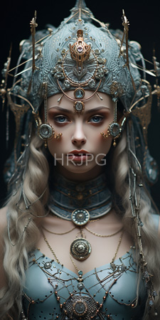 High Resolution: Detailed CGI portrait ethereal woman pale skin blue eyes intricate steampunk-inspired headgear gold chains gemstones long wavy blonde hair download. | HRJPG.com