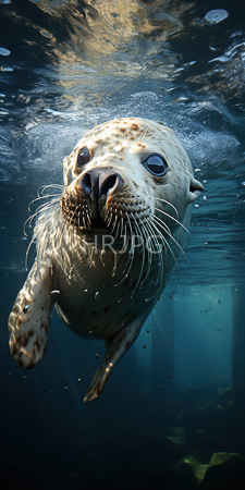 High Resolution: Underwater seal light beige spotted fur large black eyes swimming towards camera whiskers spread wide water ripples shimmering patterns download. | HRJPG.com