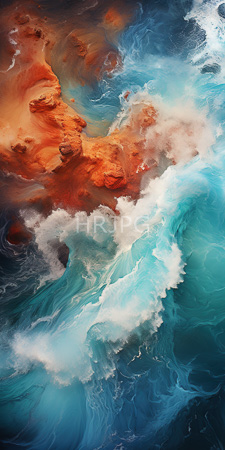 High Resolution: Abstract digital artwork swirling ocean waves rocky terrain vivid colors deep blues white frothy crests contrasting warm reds download. | HRJPG.com