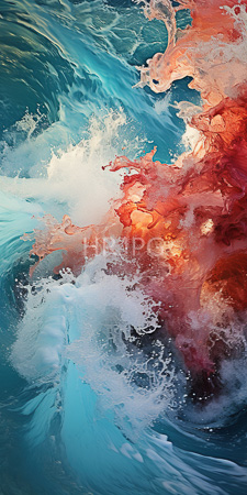 High Resolution: Abstract artwork vibrant swirling waves turquoise red-orange water dynamic white foam splashes cool blue tones warm hues download. | HRJPG.com