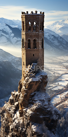 High Resolution: Ancient weathered stone tower arched windows perches precariously rugged cliffs snow ice majestic snowy mountains clear blue skies download. | HRJPG.com