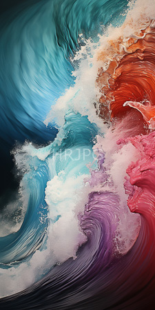 High Resolution: Abstract artwork vibrant swirling ocean waves vivid colors teal blue fiery red white foam accents textured wave patterns download. | HRJPG.com