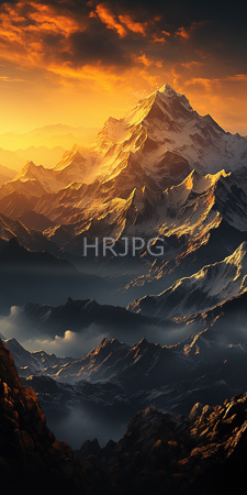 High Resolution: Majestic snow-capped mountains sunset bathed in golden-orange light dramatic shadows misty valleys rugged peaks rise sharply download. | HRJPG.com