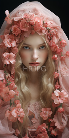 High Resolution: Ethereal fair-skinned woman long wavy blonde hair blue eyes pink floral crowns frame her face lace-trimmed pastel clothing sheer fabric download. | HRJPG.com
