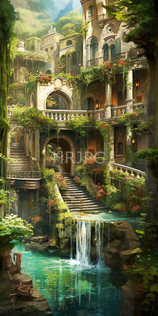 High Resolution: Ancient overgrown stone building arched windows balconies covered in lush greenery red flowers cascading waterfall turquoise pool download. | HRJPG.com