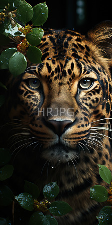 High Resolution: Intense close-up view leopard's face framed by green leaves with droplets on them golden eyes detailed black-spotted fur download. | HRJPG.com