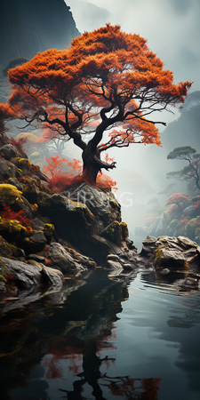 High Resolution: Ancient twisted Japanese maple tree vibrant orange-red leaves standing by rocky cliffs calm water reflecting its silhouette misty mountains download. | HRJPG.com