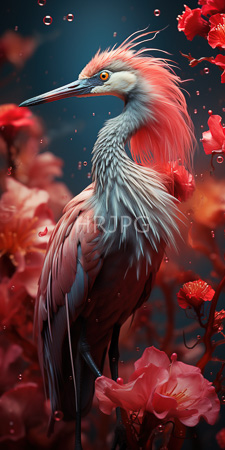 High Resolution: Elegant pink-feathered heron striking orange eyes long neck feathers standing amidst vibrant red flowers dark blue background petals float download. | HRJPG.com