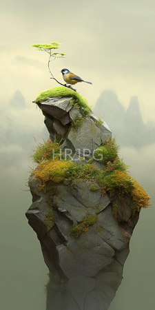 High Resolution: Isolated moss-covered rock formation rising from calm water misty mountains in background small bird blue yellow plumage download. | HRJPG.com